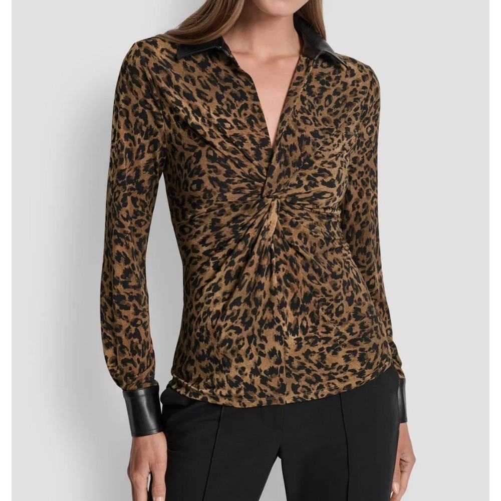 DKNY Womens Top Animal Print Knot Front Faux-Leather‎ Trimmed Collared size XL
